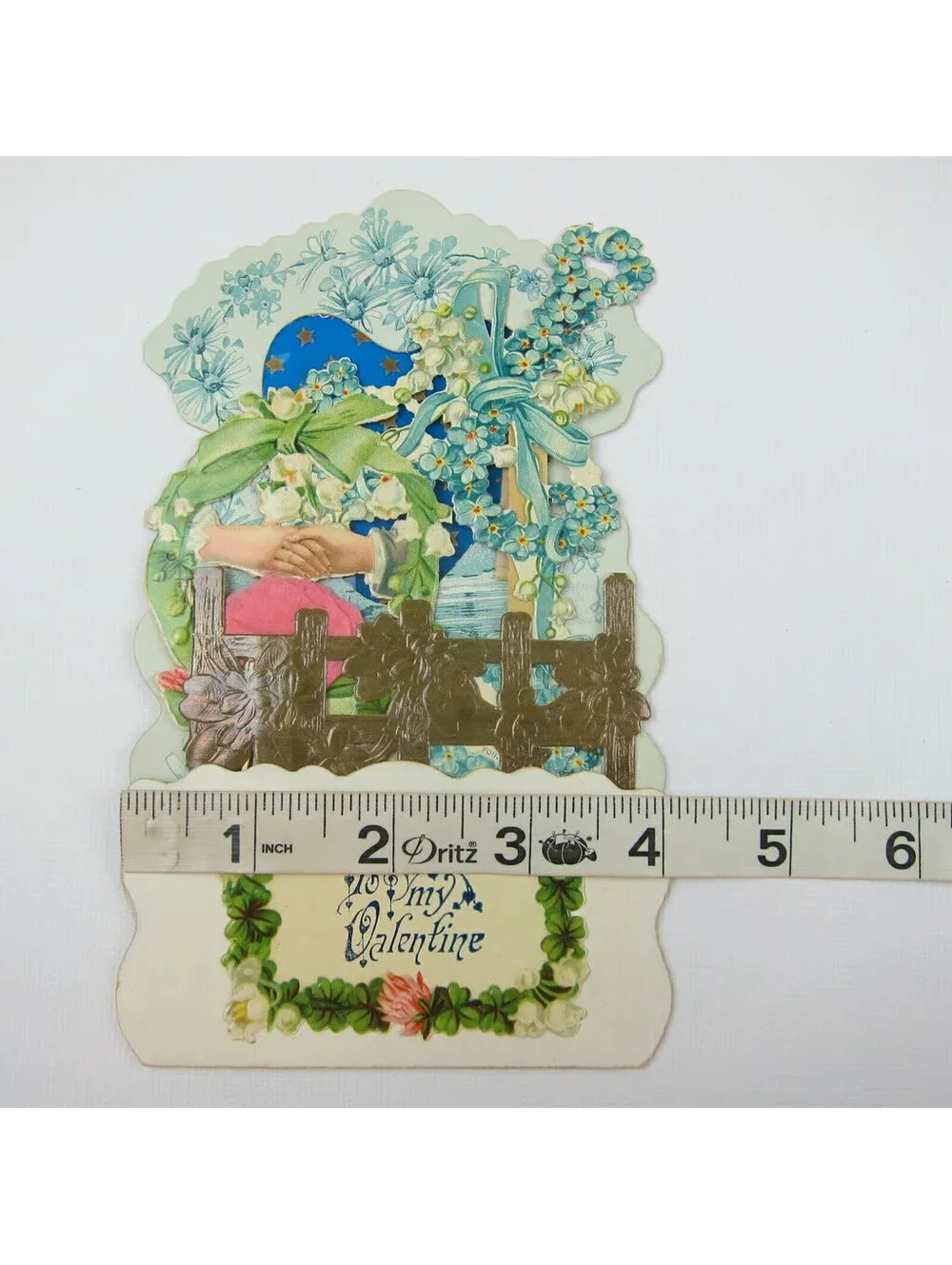 Antique Valentine Honeycomb 3D Pop Up Blue Heart Gold Stars Flowers Fence Hands